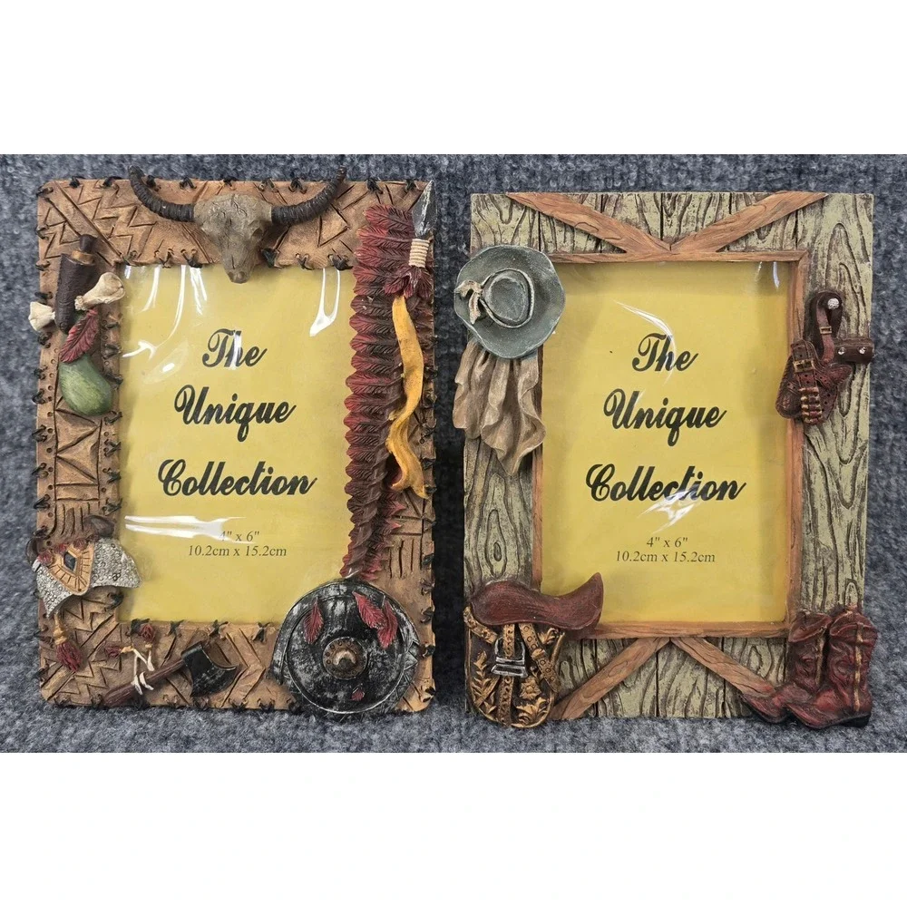 Unique Collection Photo Frame Set 4x6 Brown Western Cowboy Native American Vtg